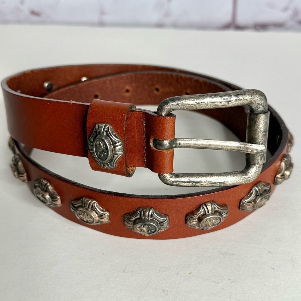 1980s Vintage NEIMAN MARCUS Brown Leather Pewter Cowgirl Conch Belt Size Large
